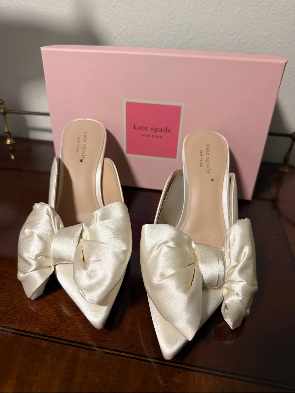 kate spade Ivory White Satin Pointed Bow Slip-On Heels Bridal Wedding